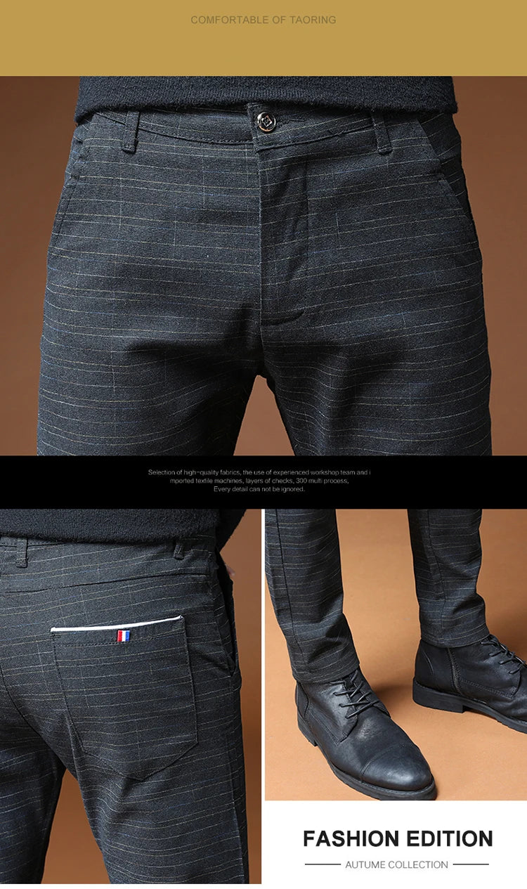 Classic Style Men's Casual Pants Fashion Striped Plaid Business Straight Slim Casual Pants Black Blue Gray Brand Men Trousers