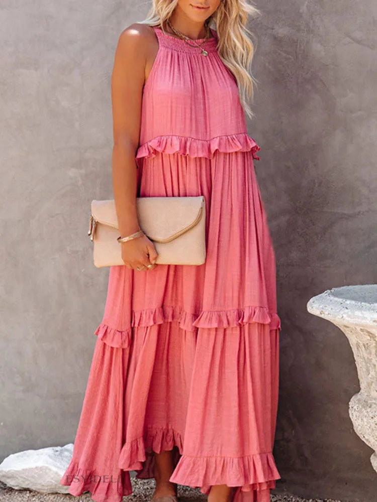 Women Halter Neck Maxi Dress Sleeveless Ruffle Tiered Loose Flowy Bohemian Beach Long Dress