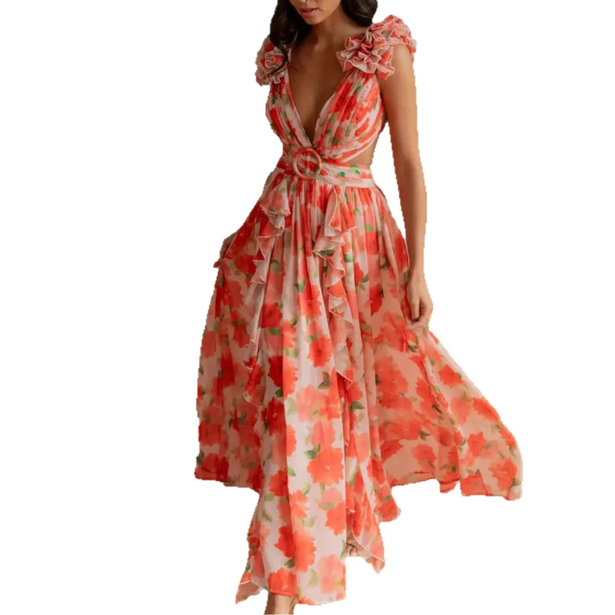 Floral Dress Women Spring Summer Deep V Neck Ruffle Hem Hollow Out Backless Maxi Dresses Bohemian Beach Sundress Outfit