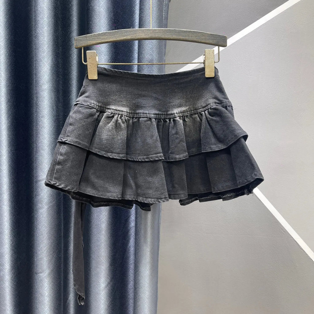 2026 Autumn New Spice Girl Retro Denim Cake Skirt, Women's High Waist Layered Ruffle Leaf Edge Mini Skirt, Blue Black Faldas
