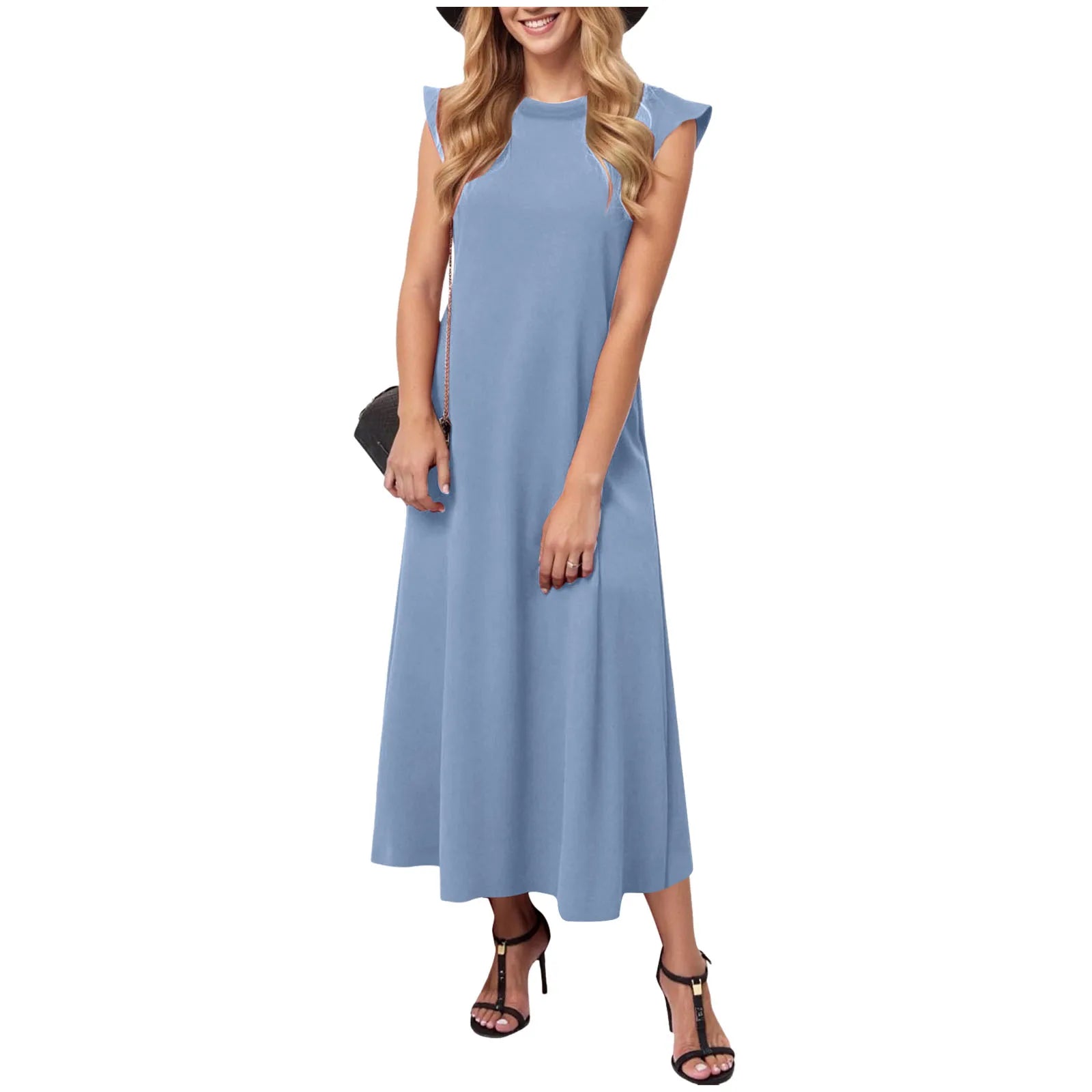 Women's Solid Color Summer Dress Flying Short Sleeve Loose Fit A Line Long Dress Casual Oversized O Neck Beach Vestidos Mujer