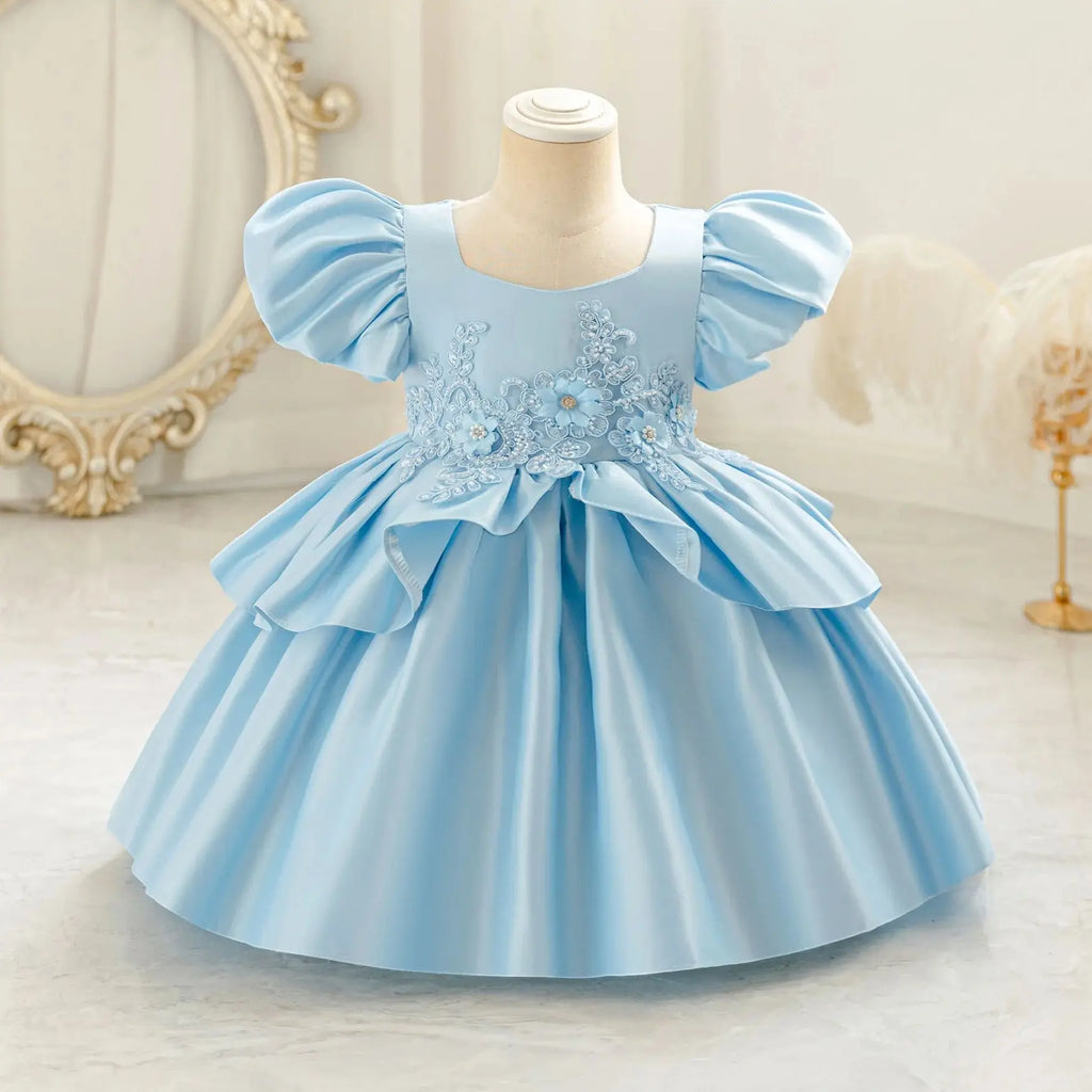 HETISO Baby Girls Appliques Flower Solid Satin Princess Fashion Dresses Ball Gown for Party Birthday New Year 6M-4 Years
