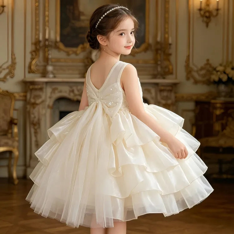 Girls Dress Temperament Princess Dress Sleeveless 2026 Summer New Girls Sequin Sweet Bow Puff Mesh Dress