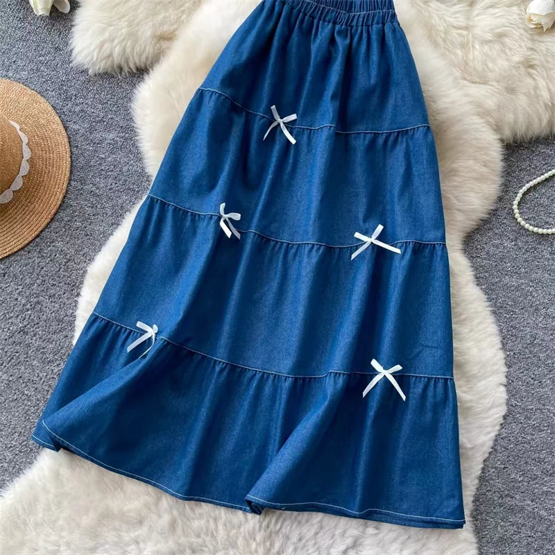 Karofi Vintage Cotton Layered Denim Skirt Women Elastic High Waist Bow Detail Flowy Long Casual A Line Long Midi Skirt