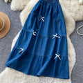 Karofi Vintage Cotton Layered Denim Skirt Women Elastic High Waist Bow Detail Flowy Long Casual A Line Long Midi Skirt