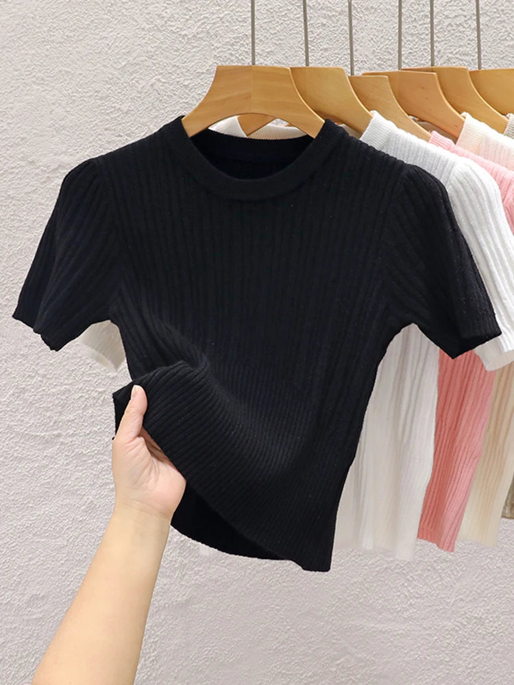 Camiseta Corta Coreana de Punto | Top Básico Liso Casual para Mujer