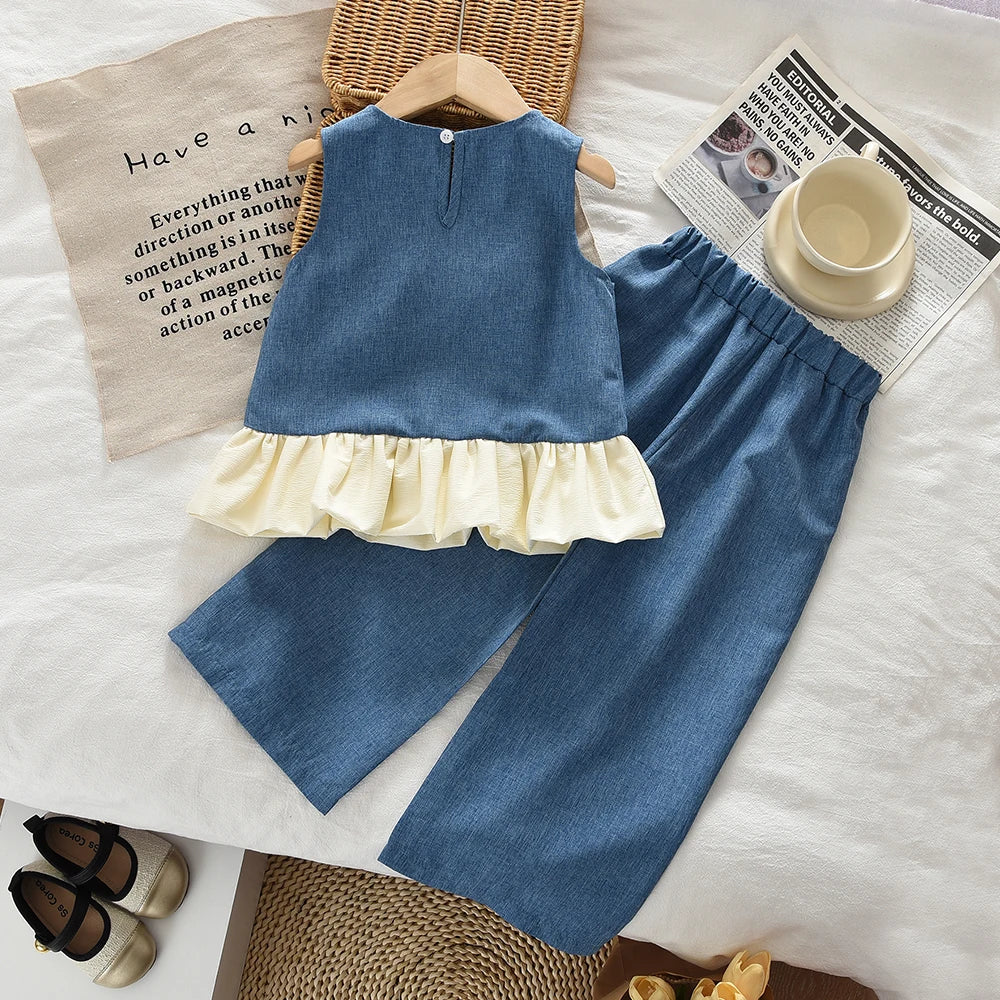 Blue Summer New Casual Girls' Clothes Round Neck Sleeveless Bow Lace Vest Princess Dress for Girls Aged 3-7 Korean Version