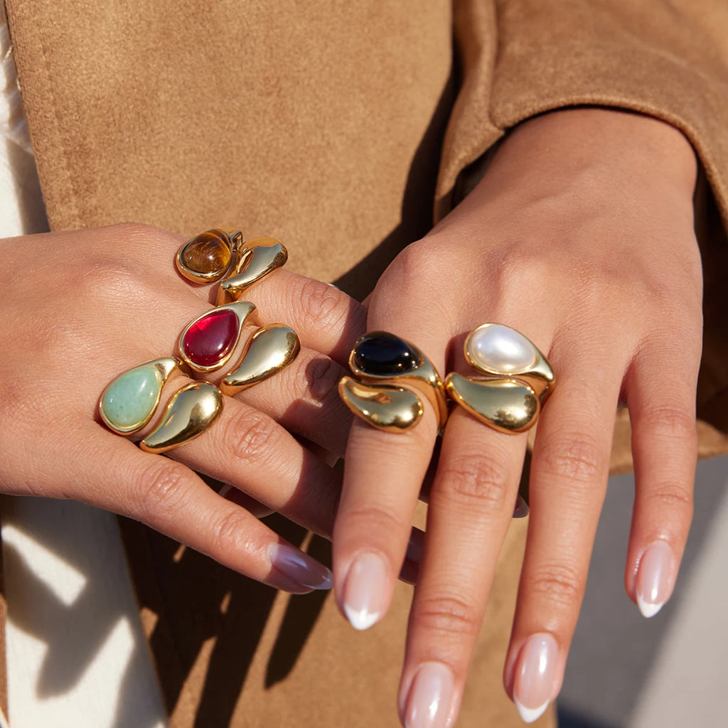 Youthway Water Drop Natural Stone Open Rings For Women Minimalist 18K Gold Plated Stainless Steel Rings Simple Fashion Jewelry