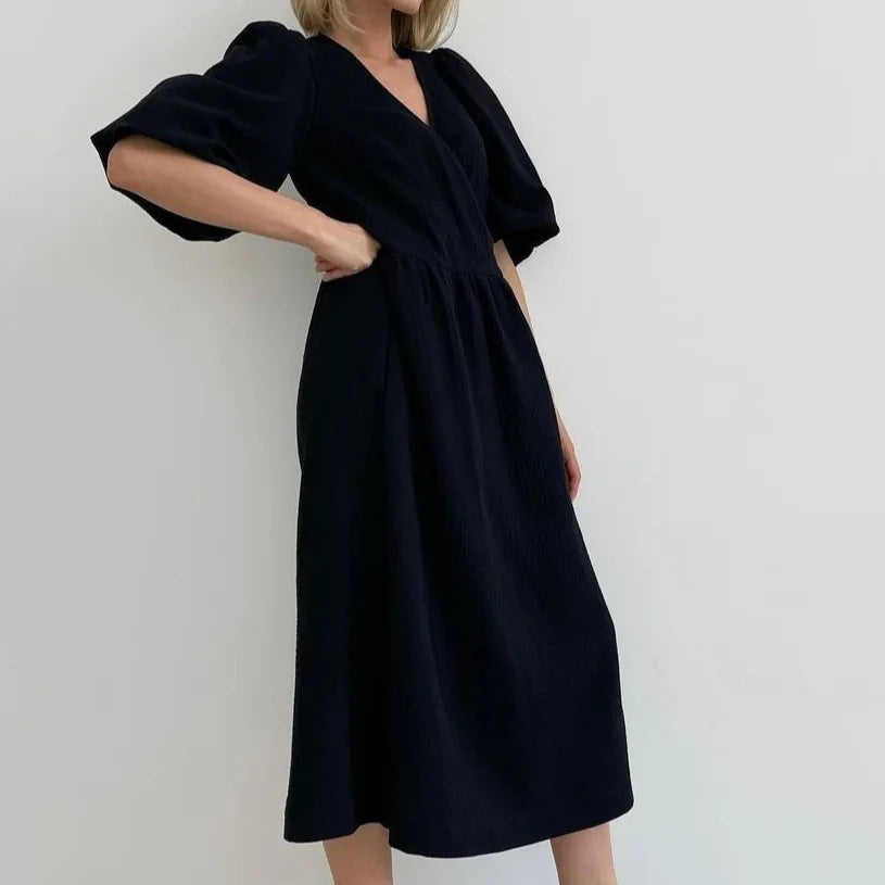 Long Dress Women Dresses Vestidos Lace Up V Neck Puff Sleeve Solid High Waist Female A Line Office Lady Summer 2025 Maxi Gown