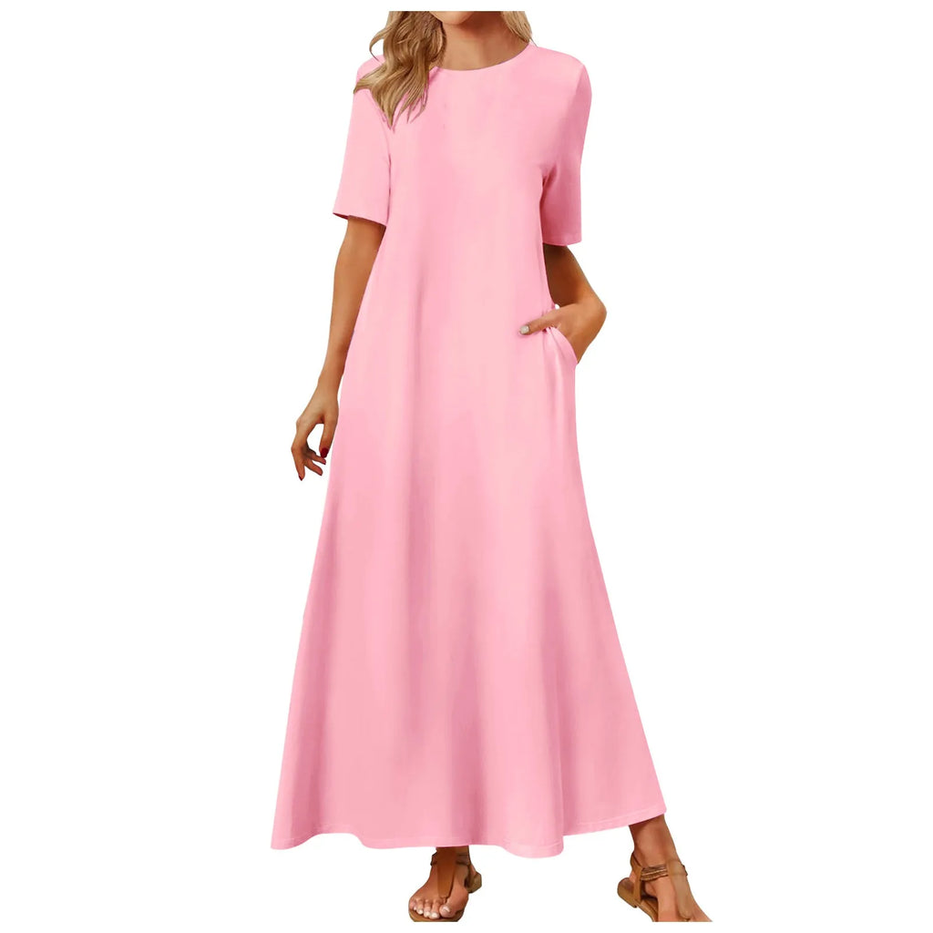 Women's Elegant Slim Fit Maxi Dresses Solid Short Sleeve O Neck With Pockets Ankle Length Dresses Casual Beach Holiday Dresses