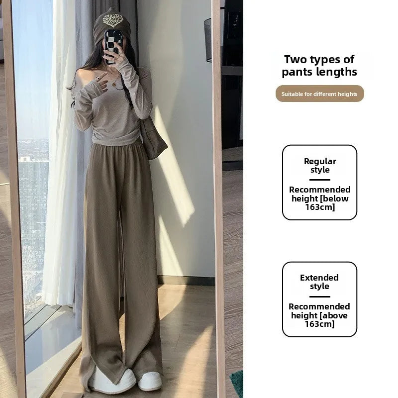 Women's High Waist Wide Leg Knitted Pants - Side Split Casual Long