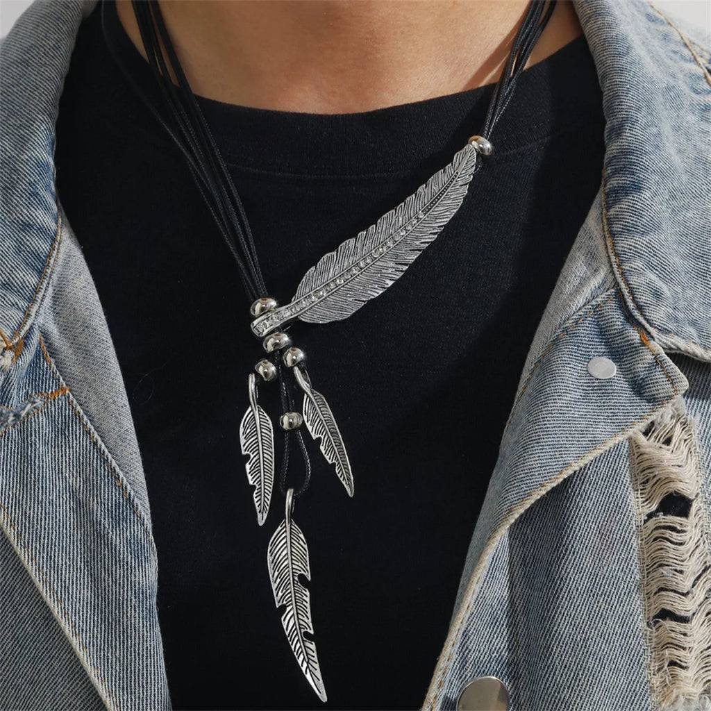 Bohemian Leaf & Feather Rope Chain Pendant Necklace