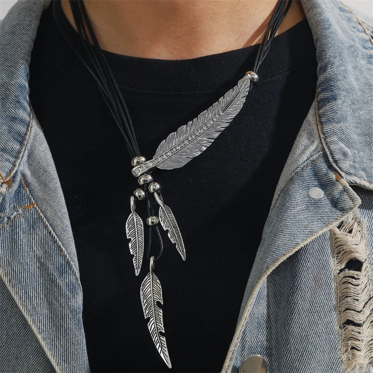 Bohemian Leaf & Feather Rope Chain Pendant Necklace