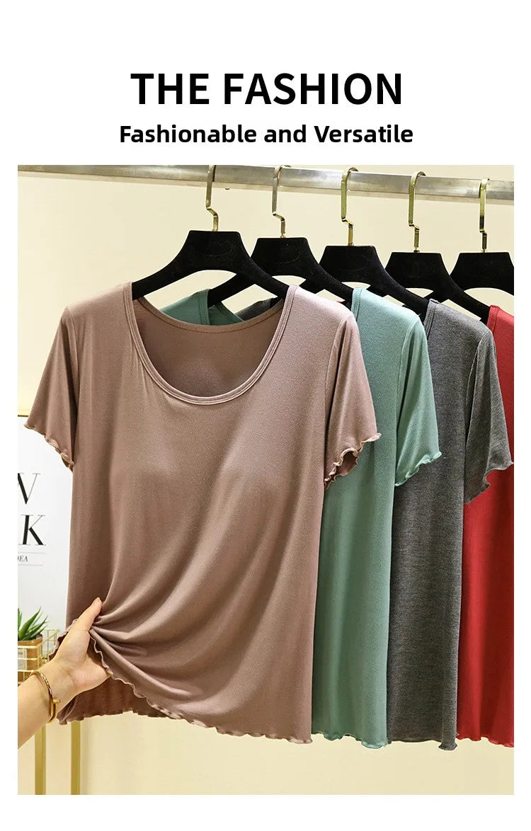 Modal No- Bra T-Shirt One-Piece Short Sleeve Women Summer Wear Casual Solid Color Base Layer Outdoor Wear round Neck T-Shirt