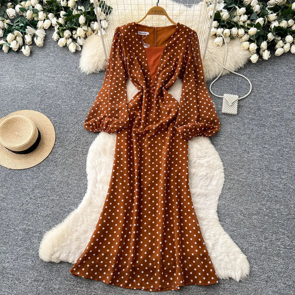 Long Dress Women Dresses Print Dot Vestidos Y2k Streetwear V Neck Lantern Sleeve Tight Waist Elegant Party Work 2026 Summer