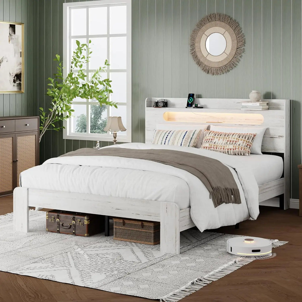 King Frame with Storage Headboard and Charging Station, Brown | Platform Bed Frame, LED Lights, Wooden Slats,, Customized