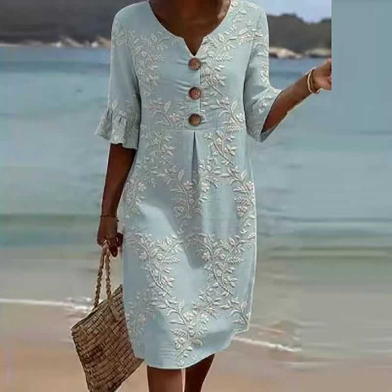 Summer Vintage Printed Dress Women Casual V Neck Half Sleeve Button Design Midi Dresses For Women Loose Beach Holiday Dress Boho