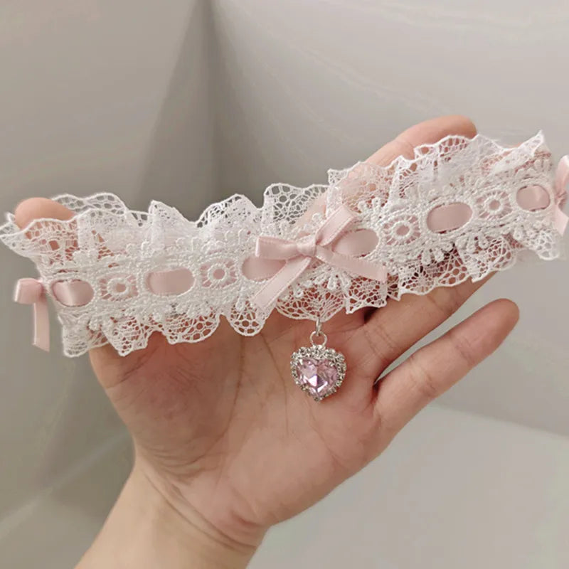 30Cm Lace Bow Necklace Sweet Love Heart Gem Charm Lolita Girls Necklace Cosplay Collar Chains Dancing Jewelry For Wedding