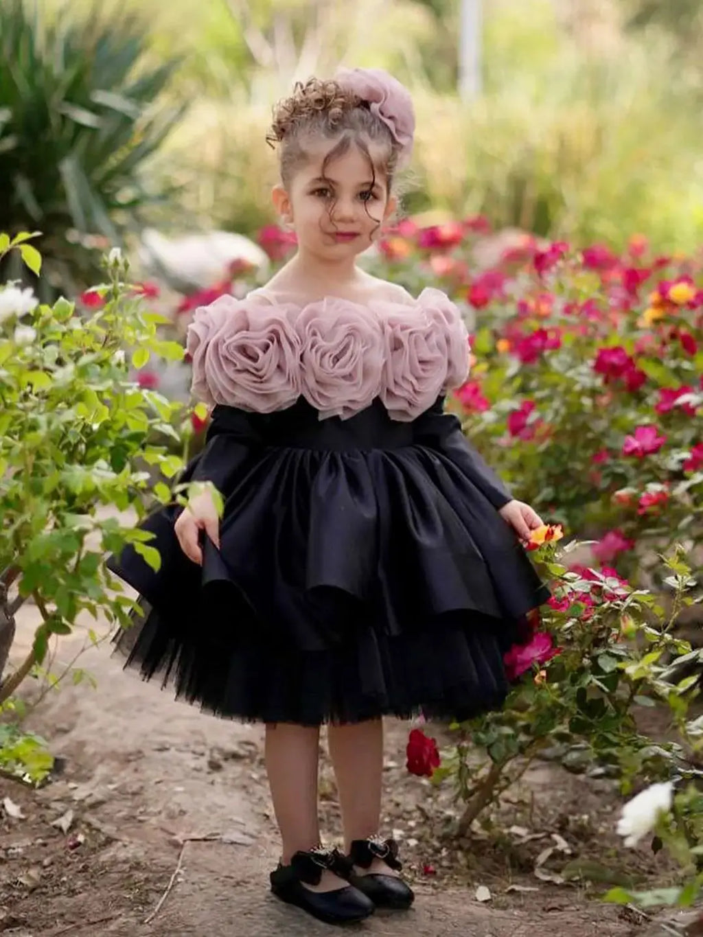Dreamy Vow D134 Elegant Black Off Shoulder Baby Girl Dress with 3D Flowers Birthday Party Knee-Length Long Sleeve Prom Dress