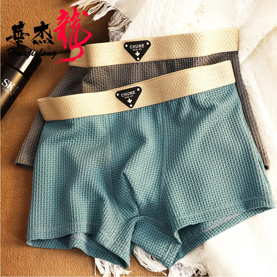 Summer Boxers Men'S Underwear Smooth Ice Silk Plaid Solid Panties Large Size Soft Breathable U Crotch High Elastic Underpants
