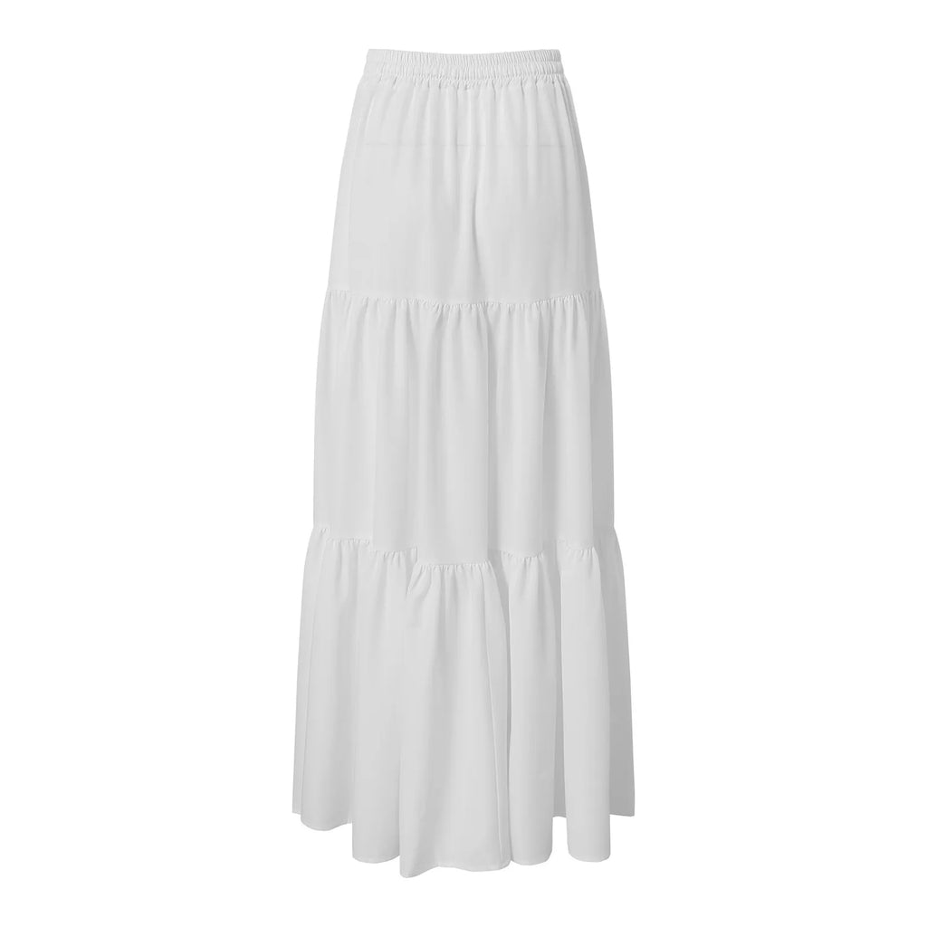 Women's Color Block Pleated Skirt Elastic Waist Floor Length Skirts With Pockets Drawstring Elastic Waist Flowing Maxi Skirt