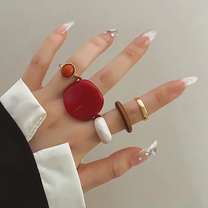 Retro Rings Set For Woman Red Green Resin Gold Color Ring Pink Butterfly Flower Enamel Jewelry Star Snake Geometric Accessories