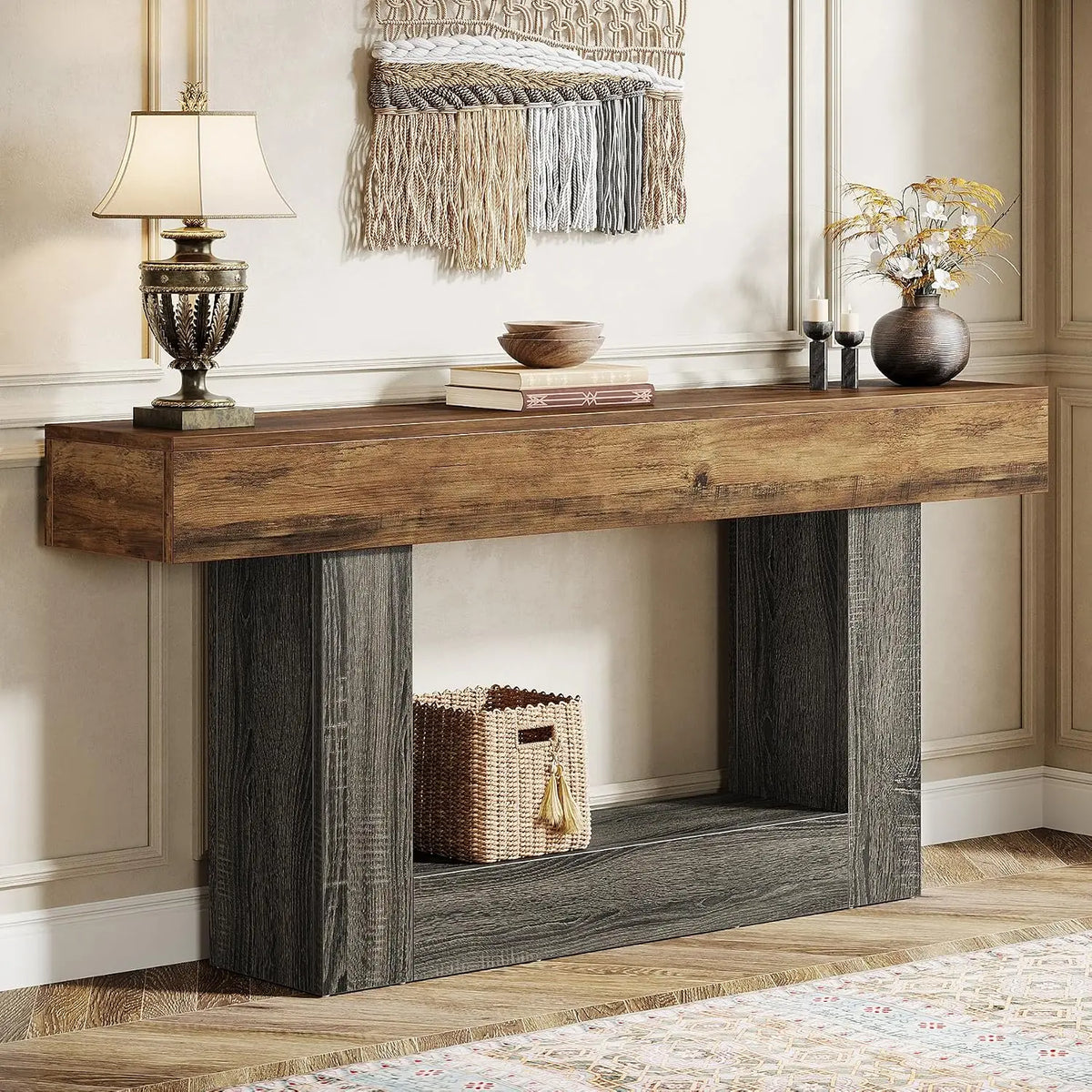63" Farmhouse 2-Tier Console Table, U-Shaped Base Sofa Table - Brown