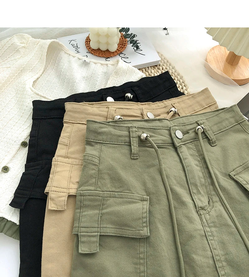 Retro High Waist Denim  Skirt Women's Spring Summer Autumn Casual Drawstring Anti-Light Short Skirt Polyester Fiber