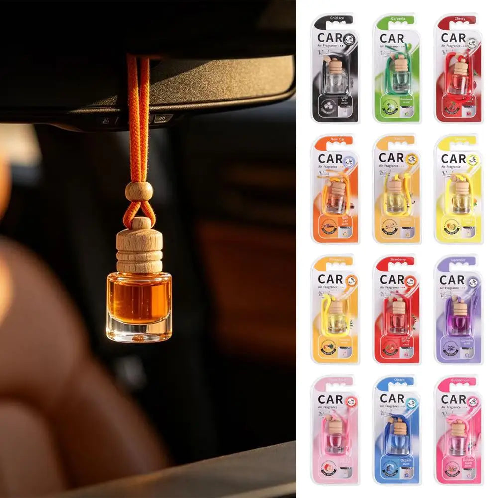 Hanging Car Air Freshener Refillable Glass Bottle Wooden Cap Essential Oil Diffuser Pendant Long Lasting Auto Perfume Ornament