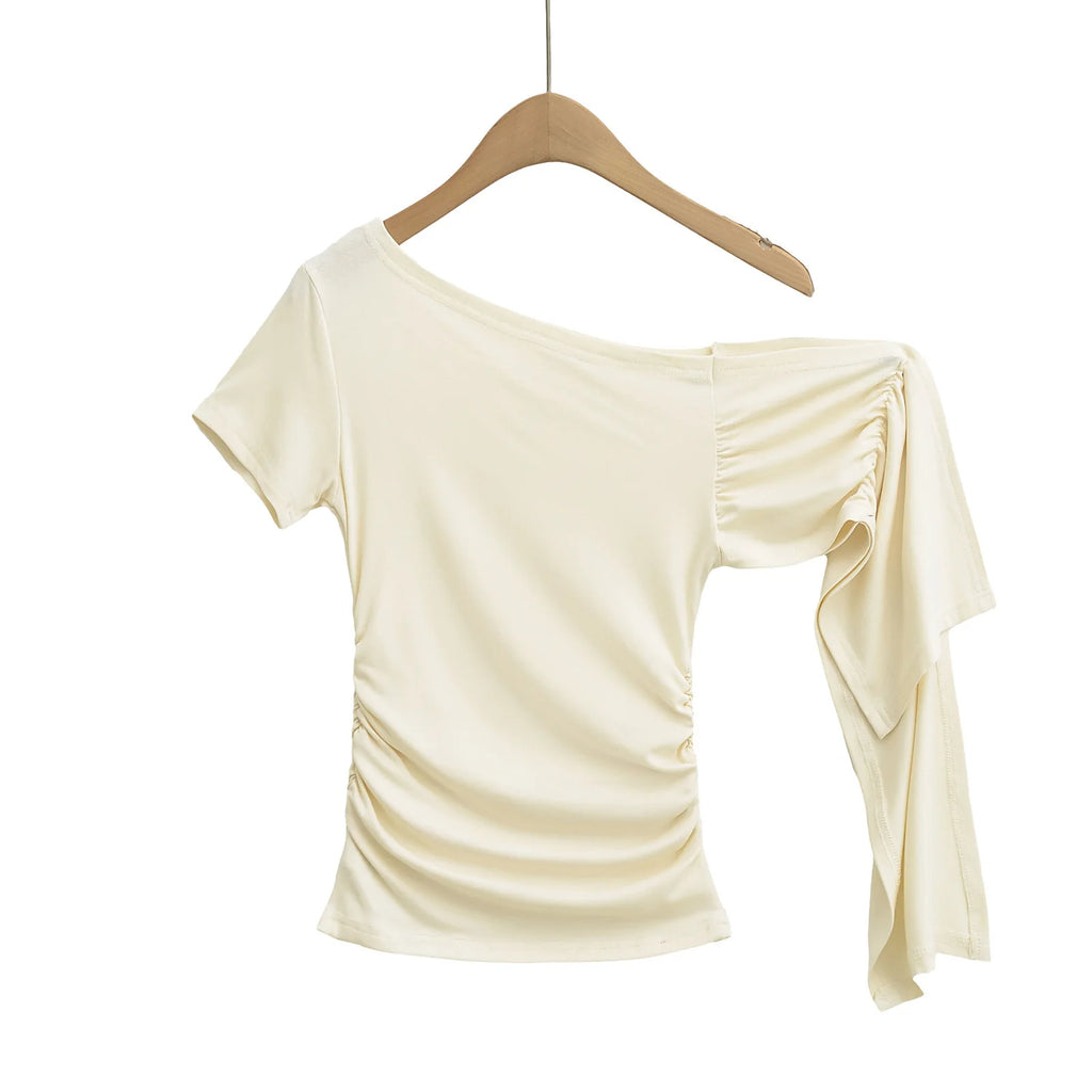 Slim Fit Asymmetric Shoulder T-Shirt Women's Summer Short Sleeve Top with Sash Street Style Sexy Trendy Pure Desire Design
