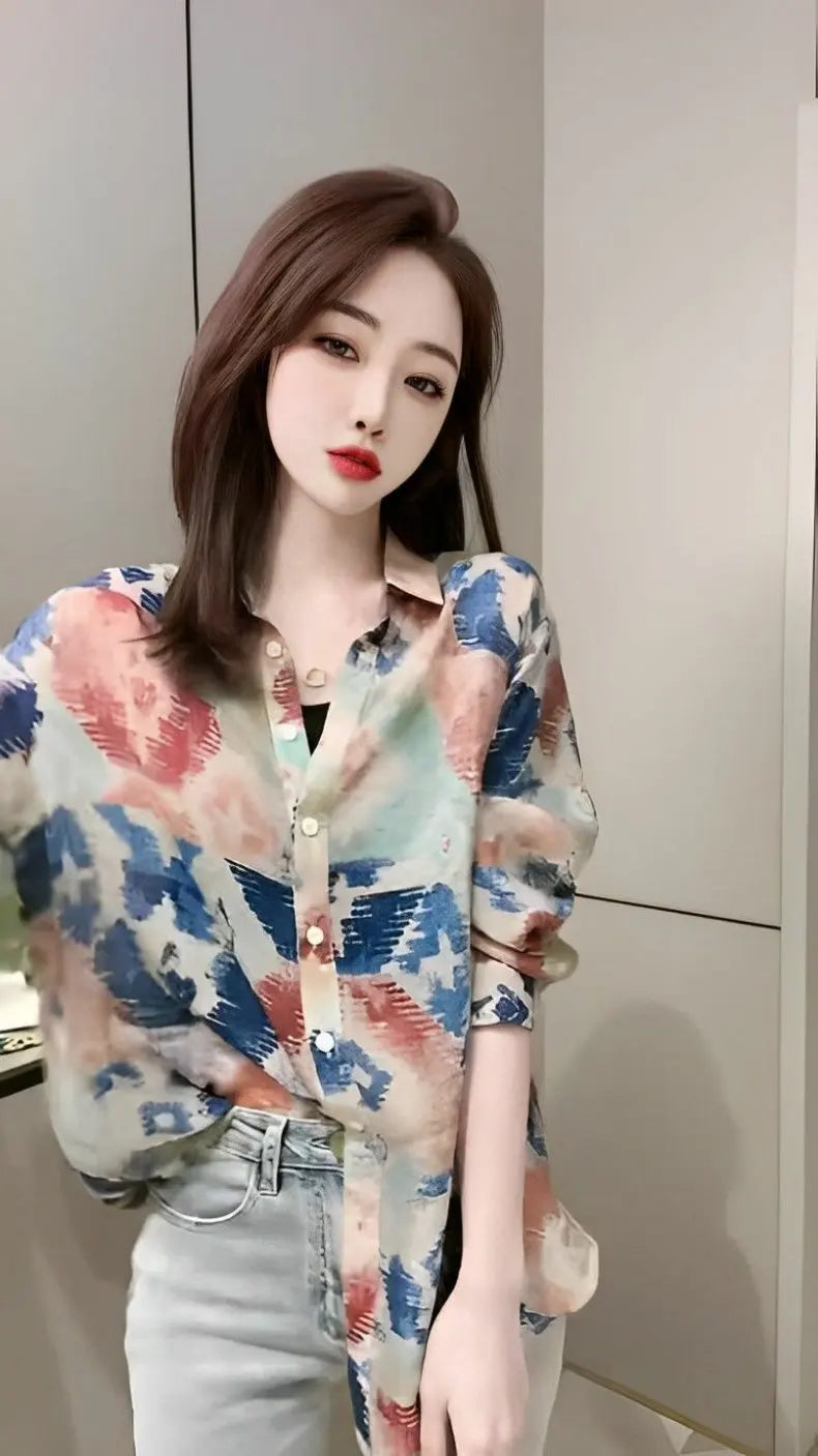 Spring 2026 Floral Print Loose Long Sleeve Women's Shirt Fashionable Versatile Korean Style Commute Polonaise Polyester Fiber