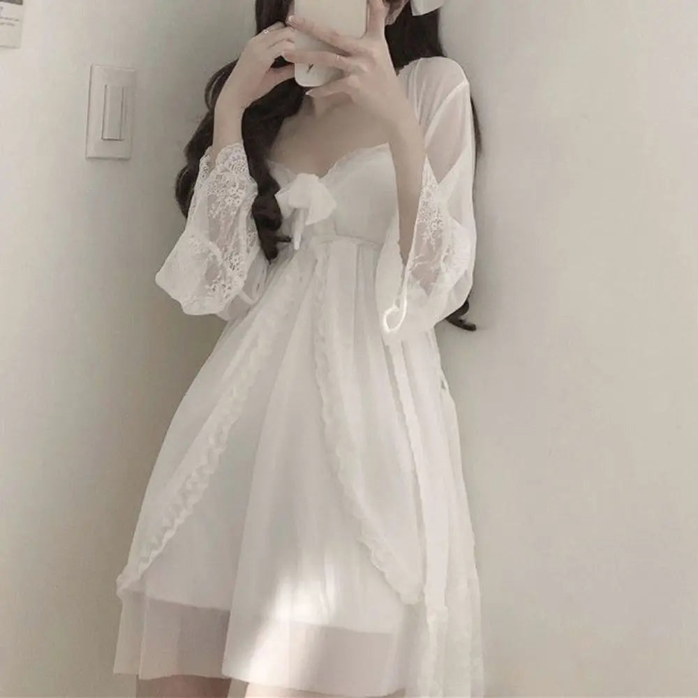 Lace Bowknot Women Pajama Dress Nightgown Sleeveless Homewear Suspender Nightdress Set Sleepwear Ruffle