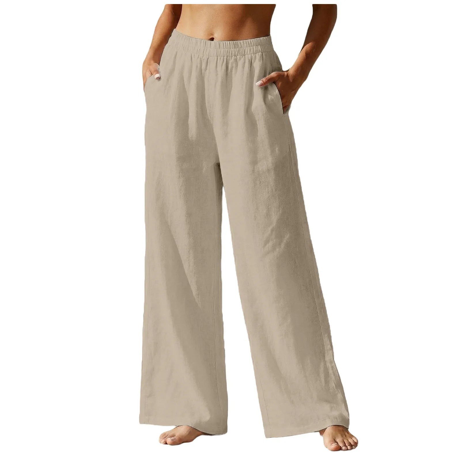 Linen Pants For Women Summer Casual Beach Pants High Waist Pocket Wide Leg Pants Loose Fit Solid Lightweight Palazzo Trousers