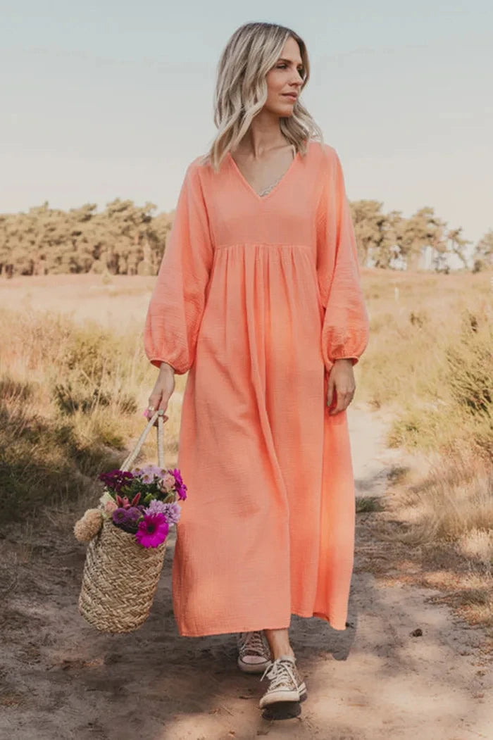 100% Cotton Gauze Muslin Night Dress For Women Sexy V-Neck Long Sleeve Maxi Party Birthday Dress Beach Boho Sundress