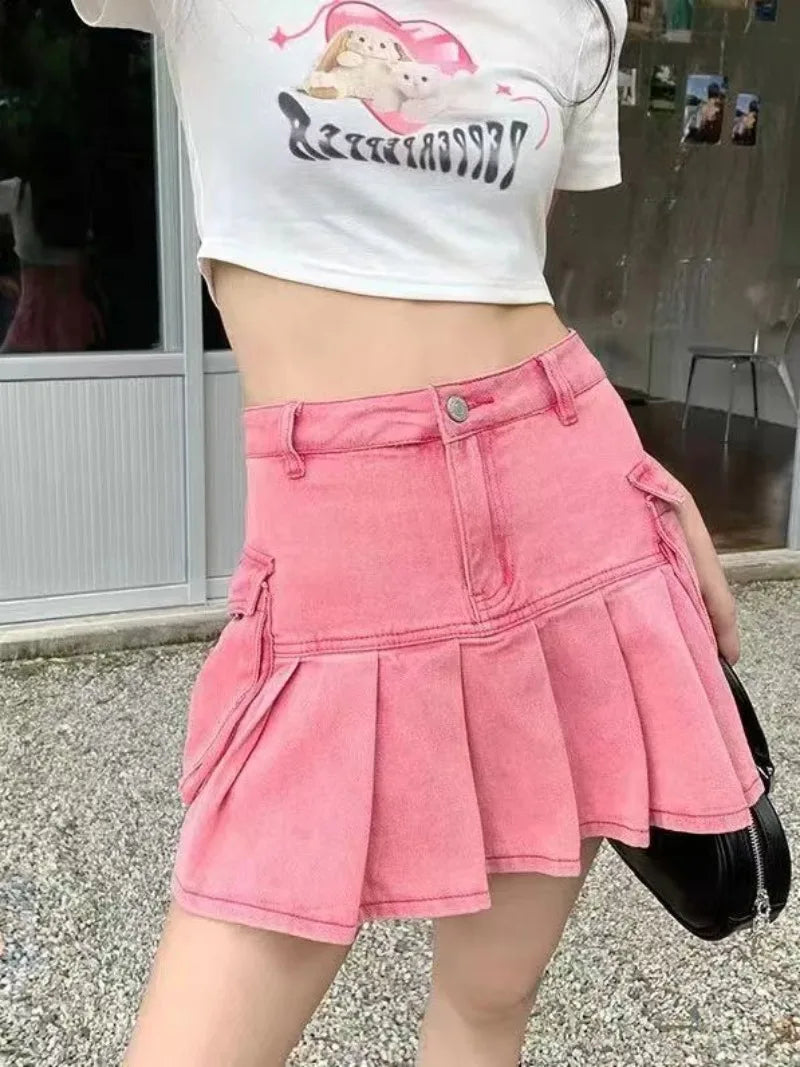 Harajuku Kawaii Plaid Mini Skirt pink Women Lolita Cosplay High Waist Heart Cute Pink A Line Pleated Tennis Short Skirts e girl