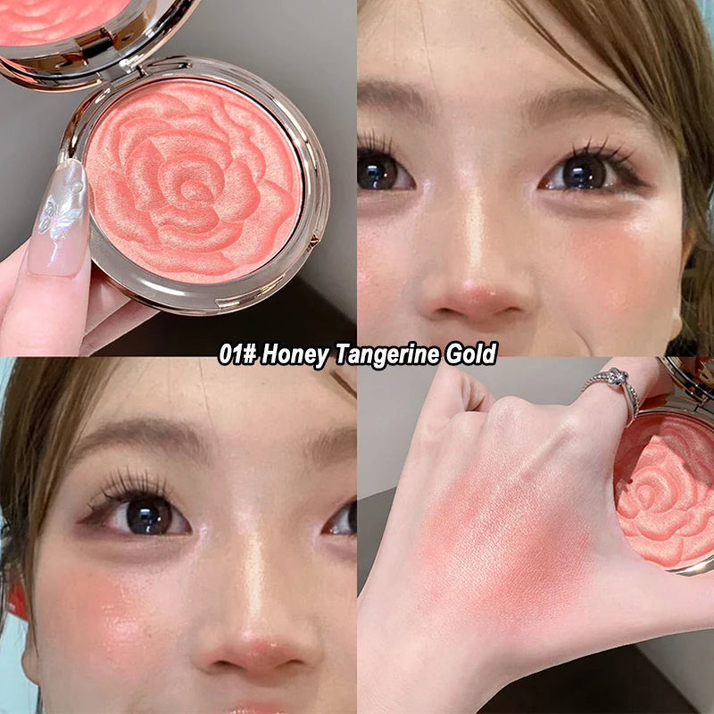 Rose Embossed Blush Powder, Shimmery Finish, Multiple Pink Shades Available, Floral Texture Design, Ideal for Daily Face Makeup