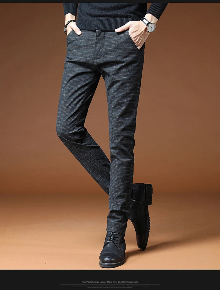 Classic Style Men's Casual Pants Fashion Striped Plaid Business Straight Slim Casual Pants Black Blue Gray Brand Men Trousers