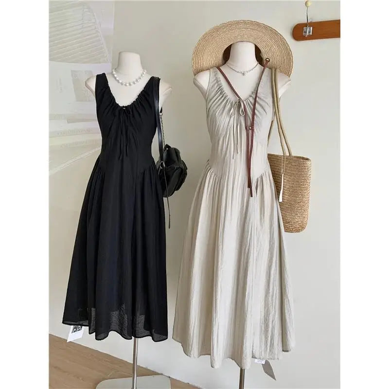 Retro French Style Casual Long Dress Drawstring Sleeveless plus Size 300 Pounds Design Summer New Fashion Dress