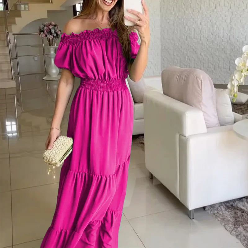 Summer Sexy Off Shoulder Slash Neck Ruffle Beach Party Dress Elegant Women Fashion Red Lace-up Pleated Holiday Long Dresses Robe