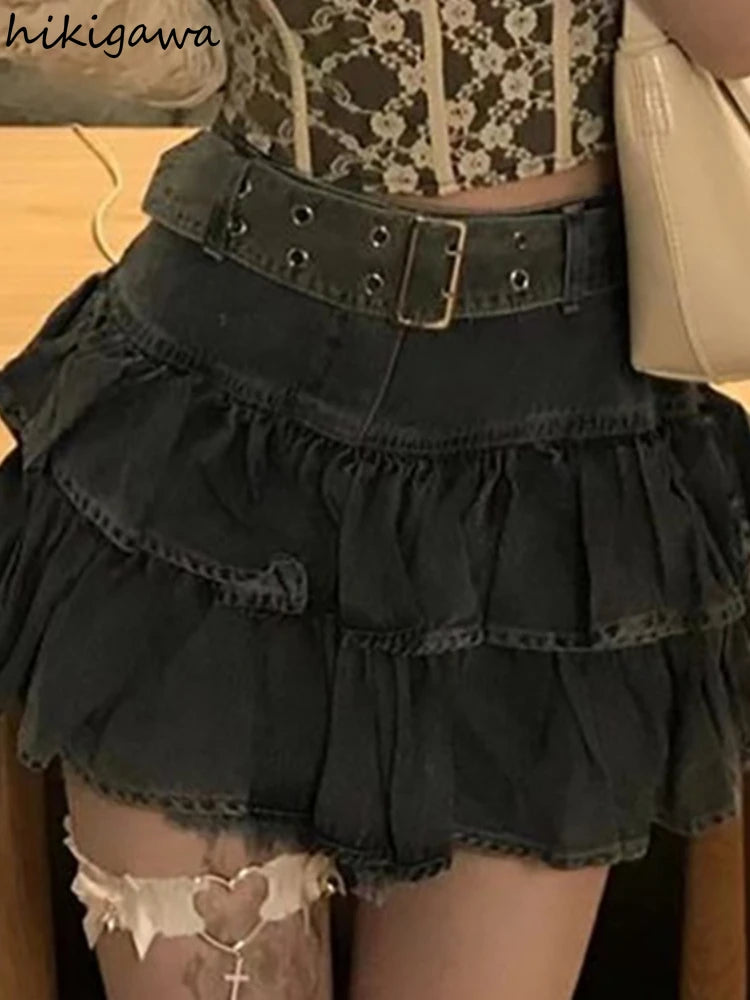 Streetwear Jean Skirt Women 2025 Faldas Mujer De Moda High Waist Vintage Saia Sweet Ruffles A-line Jupe Casual Y2k Mini Skirts