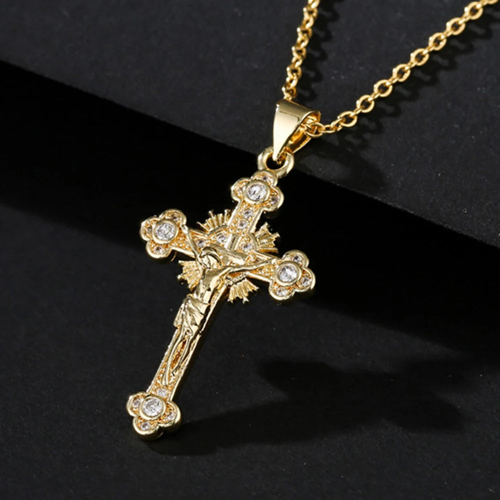 Newbuy Gold Color Jesus Cross Pendant Stainless Steel Chain Necklace For Women'S Men Classic Design Christain Jewelry