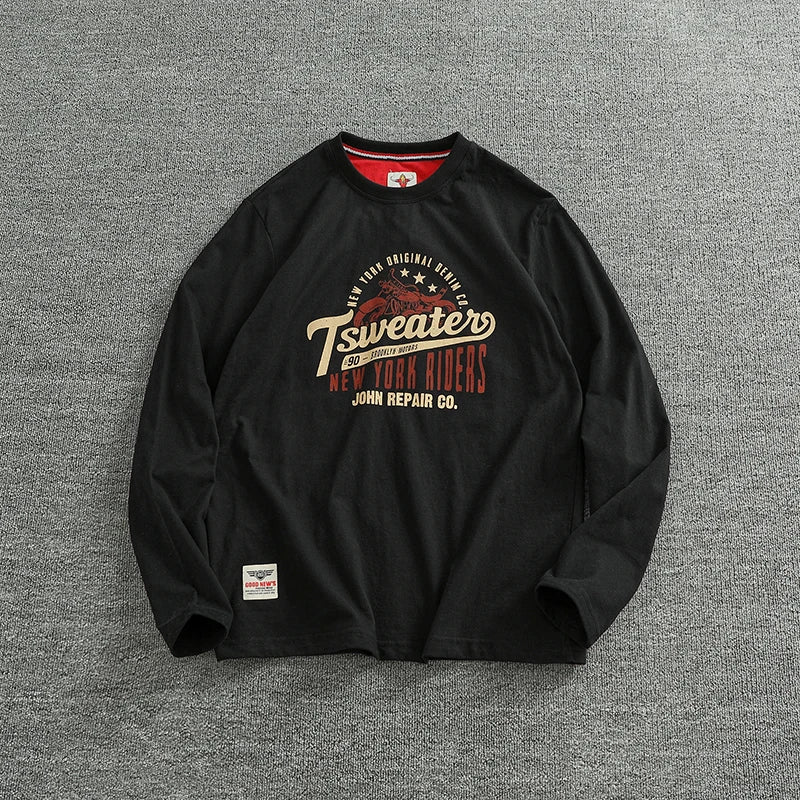Autumn New American Retro Long Sleeve O-Neck Letter Motorcycle Print T-Shirt Men'S Fashion 100% Cotton Washed Casual Sport Tops
