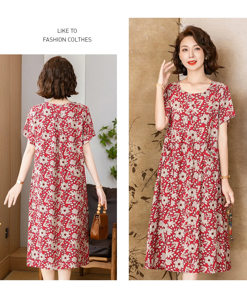 New 2025 Summer Dress Long Vintage Loose Women Elegant Sundress Dress Casual O-neck Dresses Print Plus Size