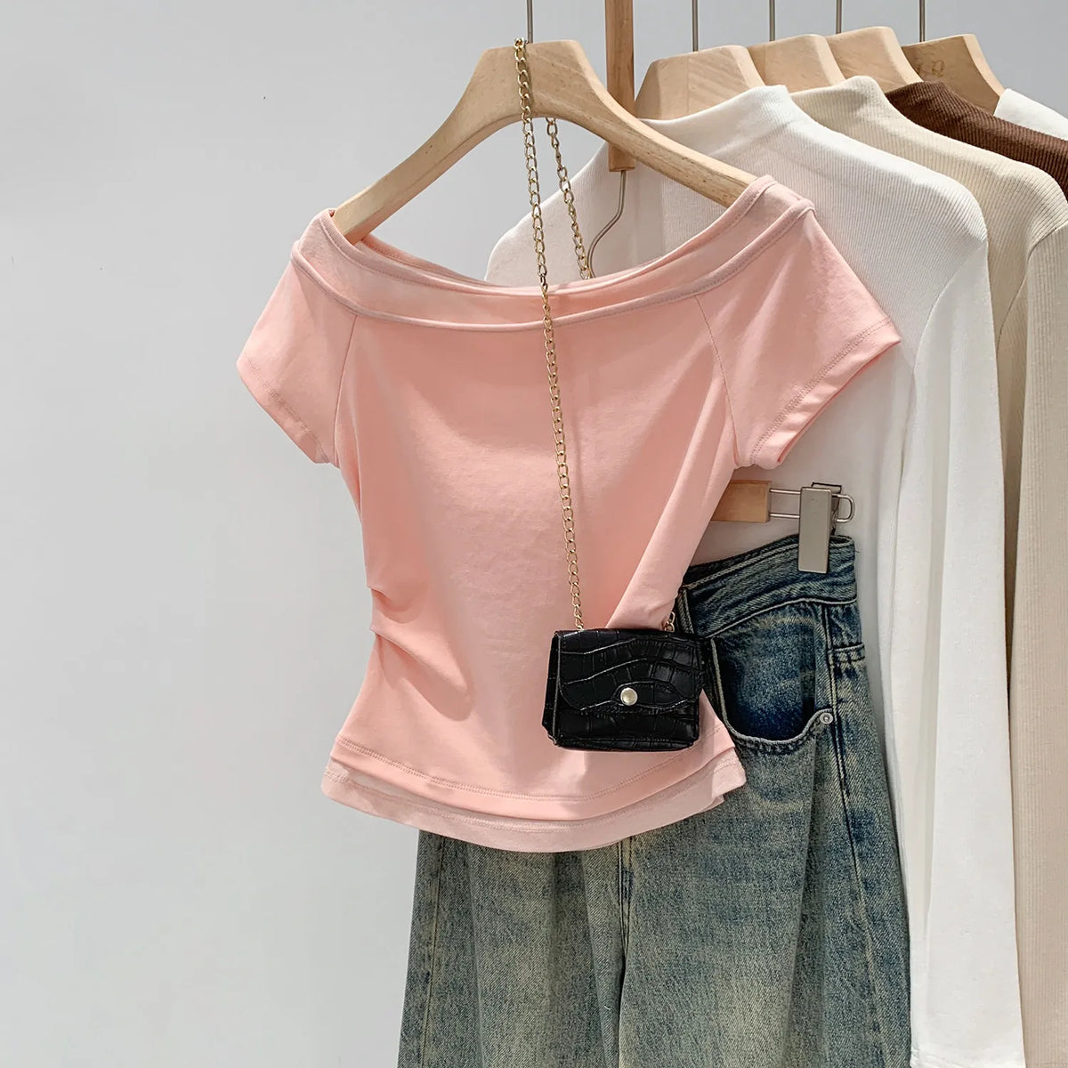 Women's One-Shoulder T-Shirt - Pink Slim Fit Cotton Short-Sleeve