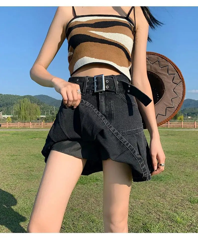 Retro American Blue Hot Girl Pleated Denim  Skirt Women's Summer New Pure Desire A-Line High Waist Short Skirt