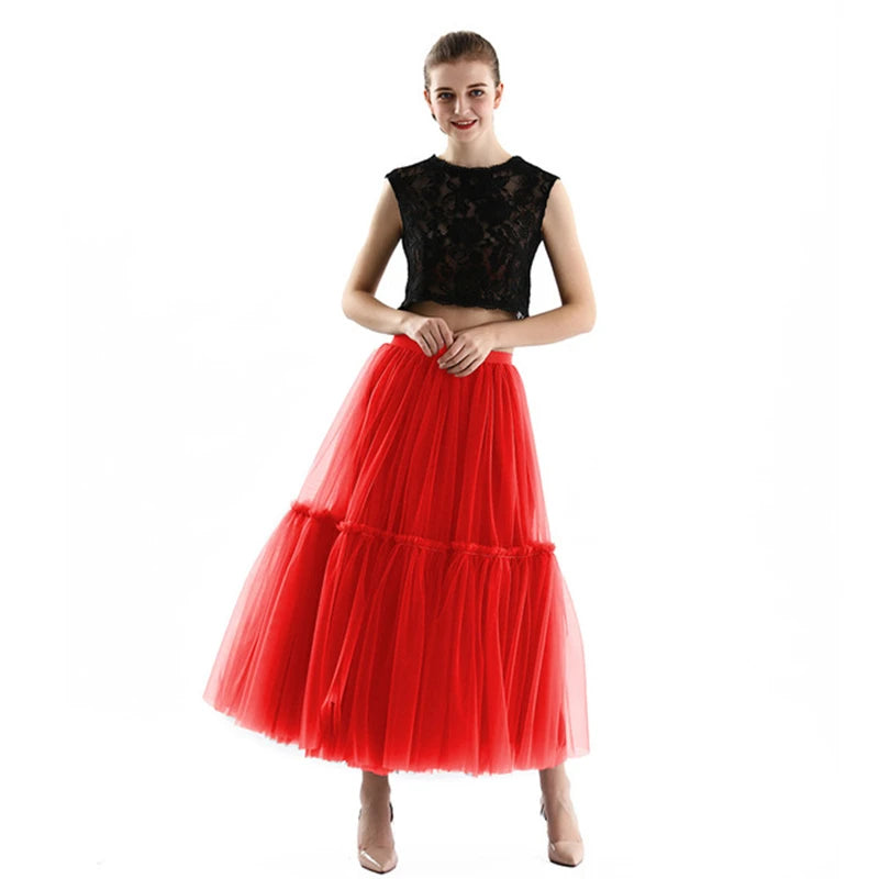 Qooth Women 90cm Party Tulle Ball Gown Mesh Skirt Banquet Wedding Faldas Mujer Elastic Waist Bow Tie Belt Tutu Skirt QT2181