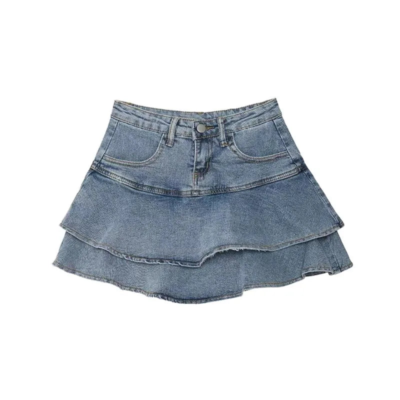Denim Skirt Female Cake Skirt Summer A-line Miniskirt Pants High Waist Design Sense Niche Hip Hottie Skirt Girl Woman Comfort