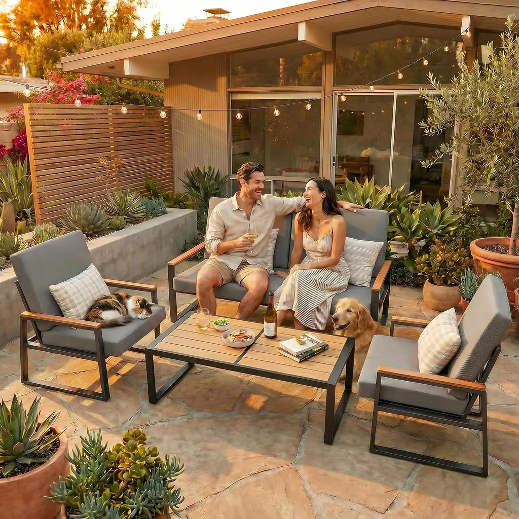 Metal Patio Set 4-Piece Outdoor Conversation WPC Table Washable Cushions Weather-Resistant Seating Yard Poolside, Customized