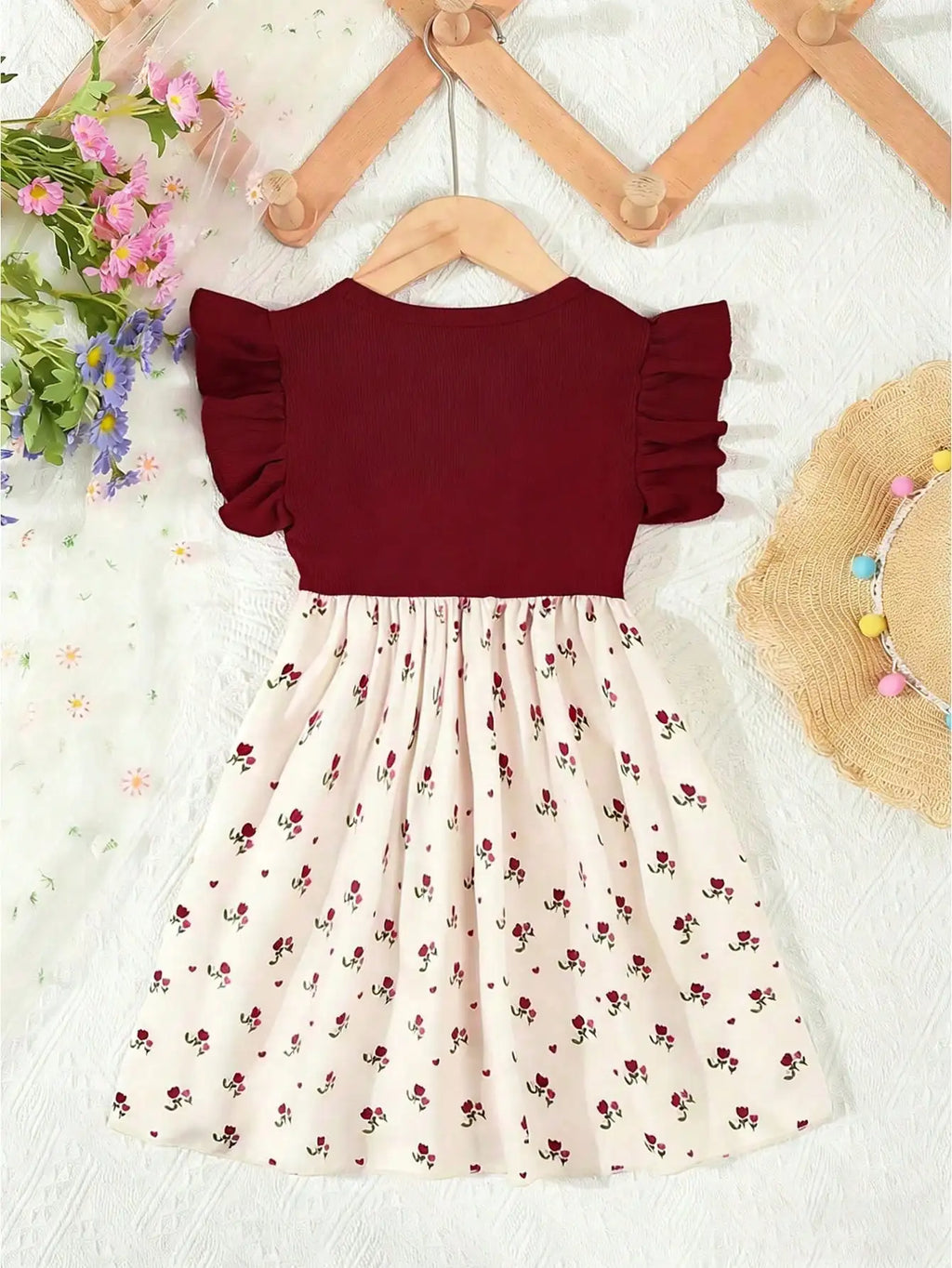 Summer Style Girls' Sleeveless Round Neck Flying Sleeve Pink Printed Dress, Cute Outfit, With Belt