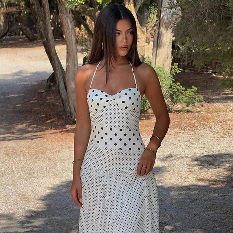 2026 Summer New Collection Womens Sexy Neck Hanging Polka Dots Retro Pleated Temperament Polka Dot Dress